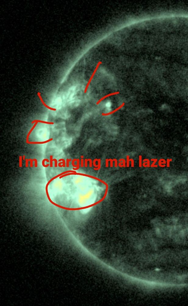 A "flare location and morphography" screen snip from GOES-19 Solar UV Imager. I've drawn a frowny face with the top left eye a very round solar prominence in the north-east quadrant on the edge of the solar disc. The right eye is a small bright spot further south-west on the Sun's surface, and the mouth is active sunspot regions named 4294 and 4296 by NOAA.