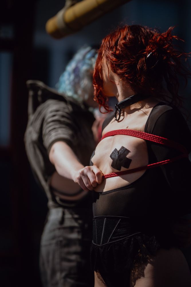 someone with blue hair  beginning to tie a gote on someone with red hair during a rope performance at folsom street fair 2024
