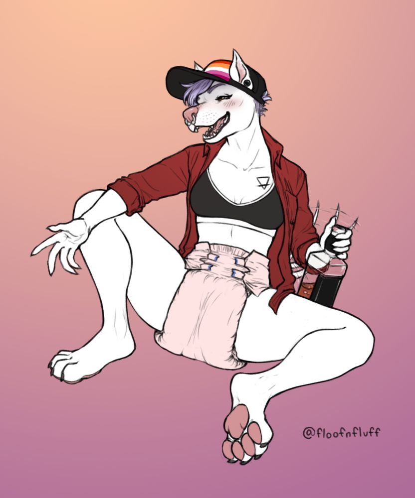 An adult female anthropomorphic pitbull wearing a sports bra, button up shirt, pastel pink disposable diaper, and a ball cap with the lesbian pride flag on it. She is sitting down, looking very drunk, and has a fifth of whiskey in one hand.
