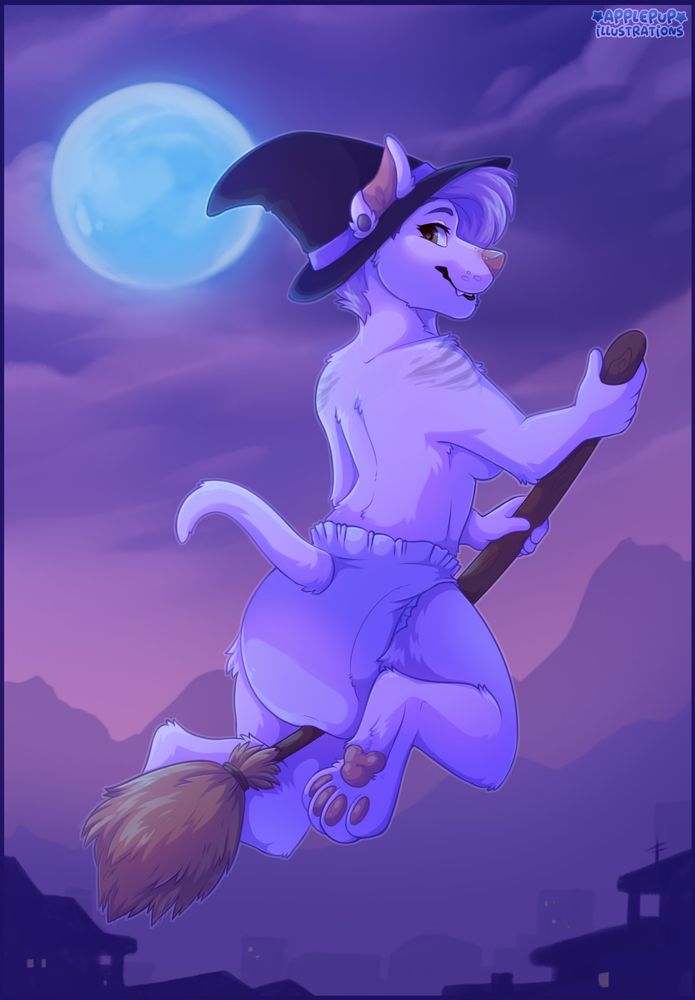 An adult female anthro pitbull in a diaper and witch hat flying on a broom