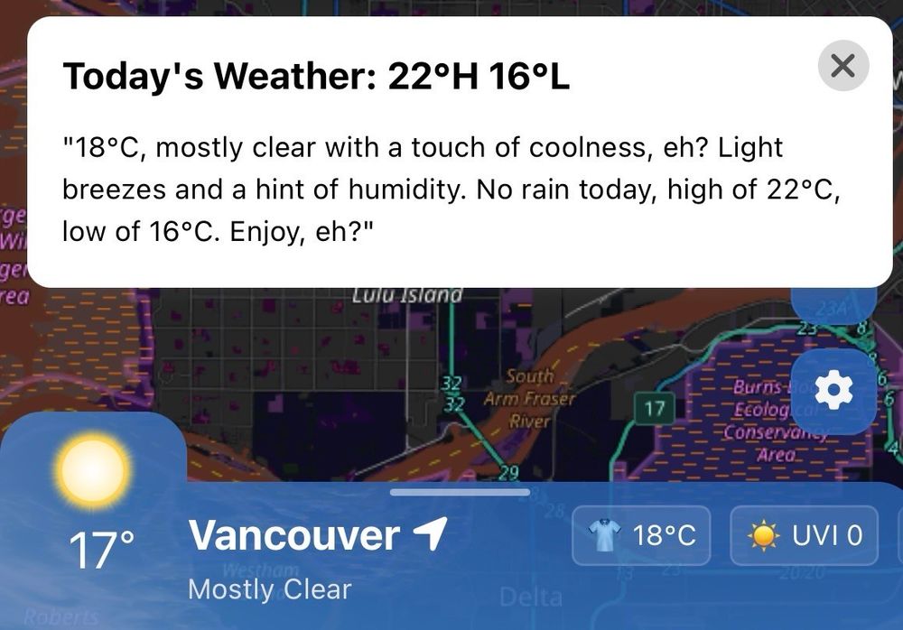 A weather report displaying current conditions in Vancouver that finishes sentences with “eh?”