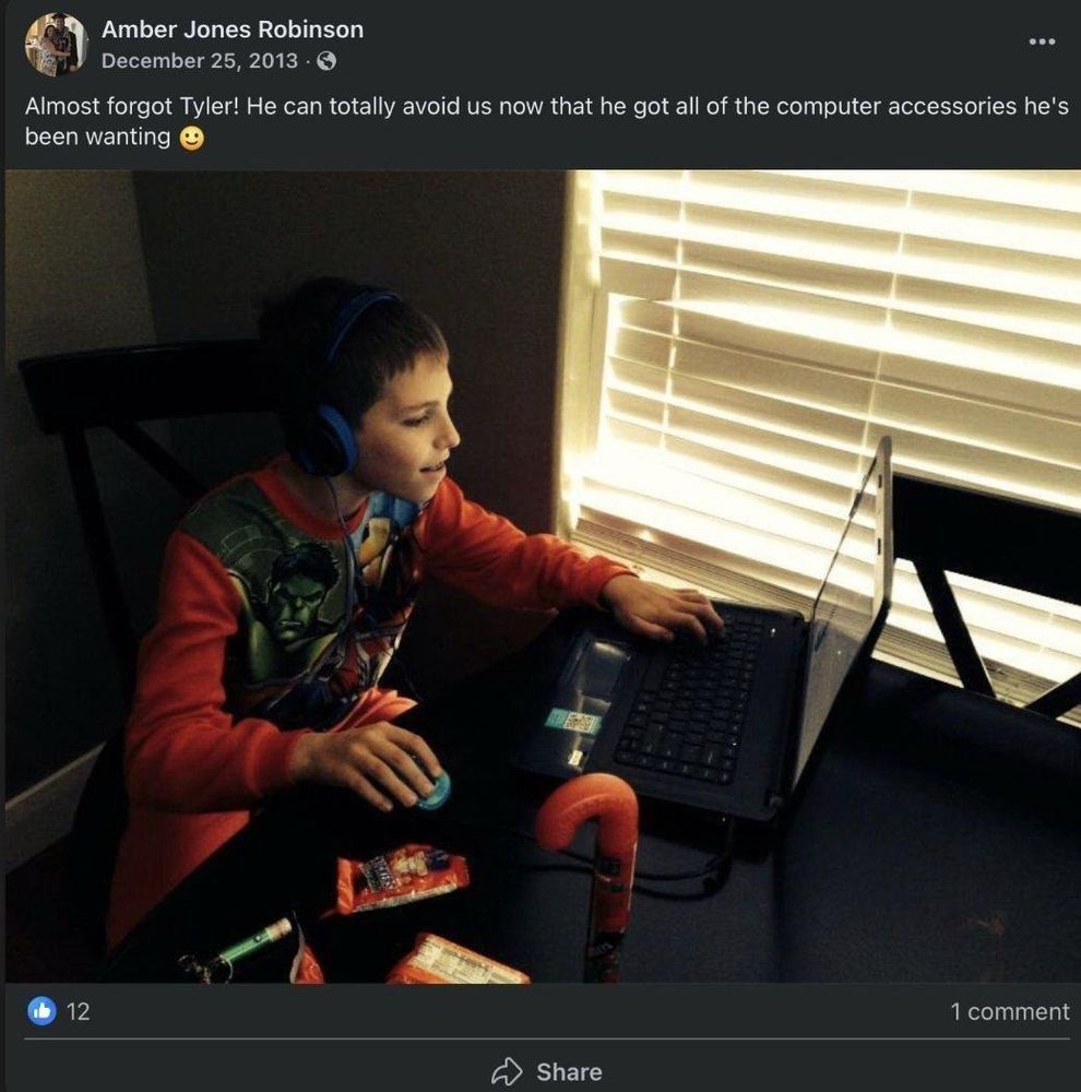 Tyler Robinson’s mom: “almost forgot Tyler! He can totally avoid us now that he got all the computer accessories he’s been wanting”, picturing a young Tyler with headphones on using a laptop.