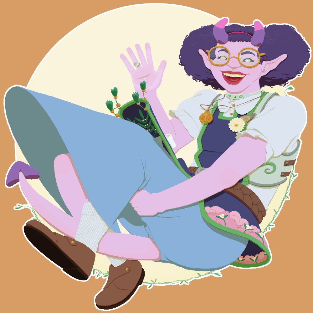 A lilac Tiefling cleric called Bliss