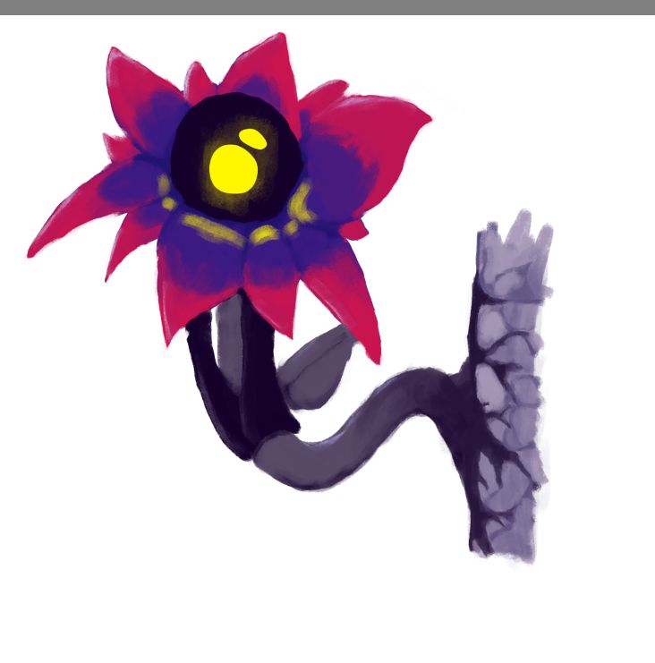 A sketch of a purple "flower" growing out of a wall, watching you.

there is a wall, cracked with vines from which a grey stem grows.
further down the stem, it splits into 3 paths, two black thick muscle like paths go towards the flower, between them a thinner grey stalk follows the same path.
branching from that split, a single leaf has sprouted.
on the top of the plant are huge purple petals that fade into a hot pink.
in the center of these, a black fruit is placed, in it is a yellow, glowing, dot aimed at the camera.