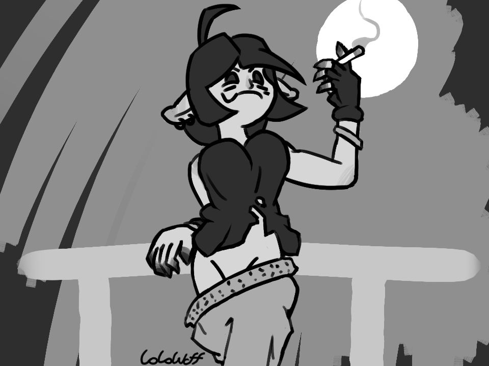 Valery smoking a boof in the moonlight. She is leaning on a railing.

she is wearing a tattered tanktop, one fingerless glove, 3 bracelets, and way too lose pants.