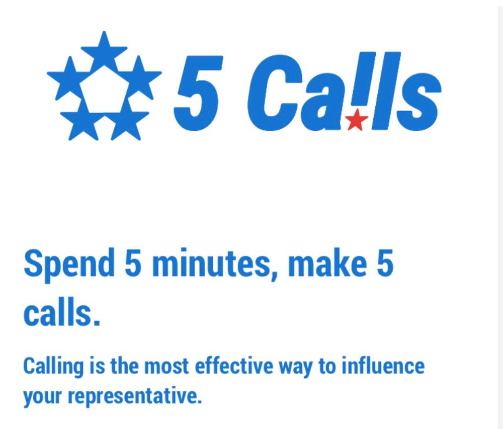 The logo the the 5 calls organization (5 blue stars making a pentagon in the middle)
Text reads: spend 5 minutes, make 5’calls 

Calling is the most effective way to influence your representative 