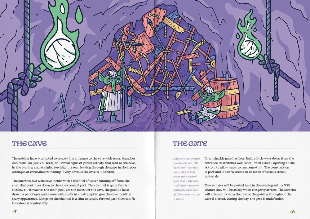 Two page spread. Half in colour showing two sleepy goblins guarding a gate. Bottom half is text from the upcoming adventure. 