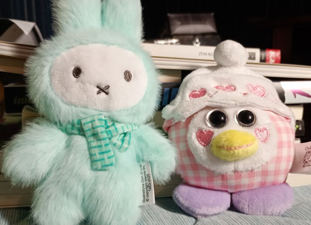 まきちゃんの布団の枕元にいるぬいぐるみたち。フワフワのミッフィーと、ハートのホッペのウィーウィー。