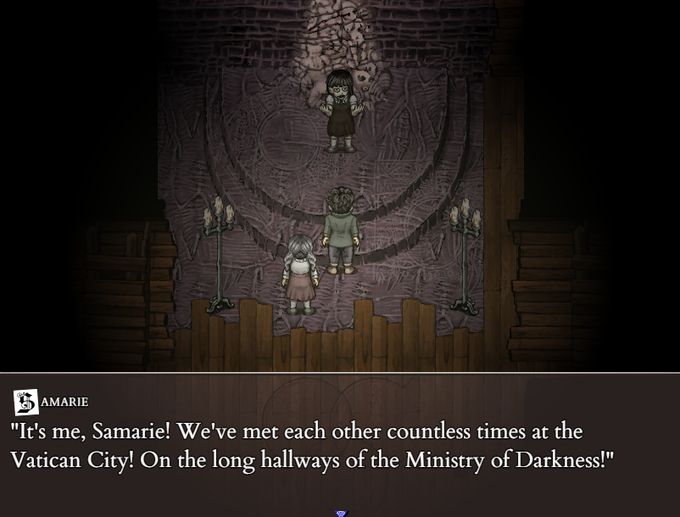 ゲーム、Fear＆Hunger2のスクリーンショット。Samarieというレズビアンのキャラが主人公のMarinaに執着している様子。