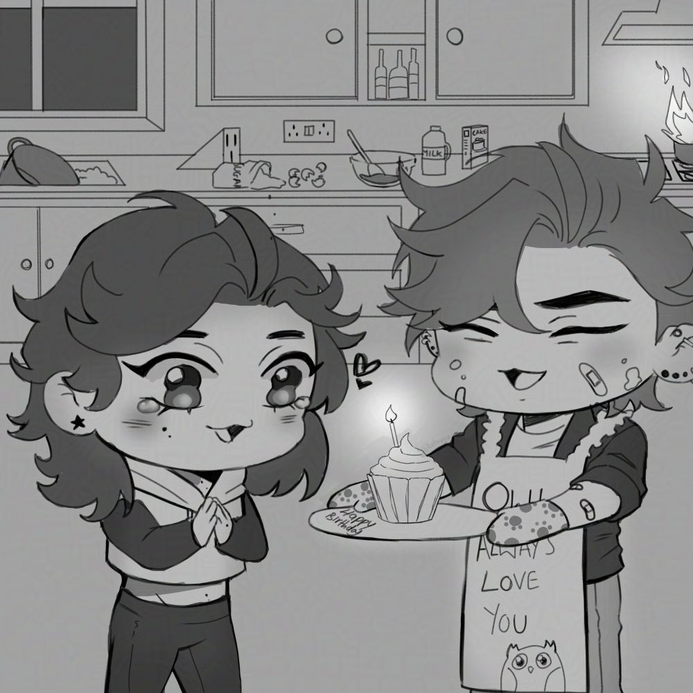 Chibi doodle of me and my OC Winston in a destroyed kitchen, he is covered in plasters whilst holding a birthday cupcake.