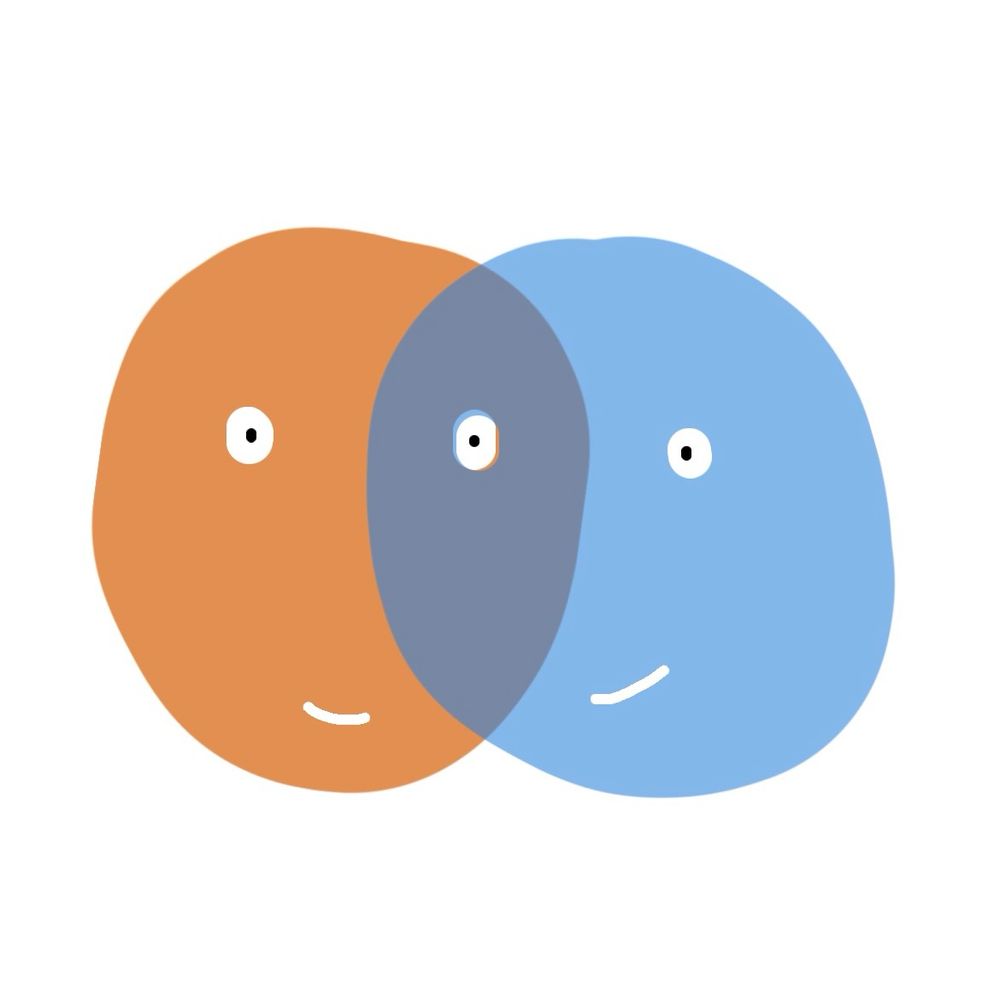 Zwei Köpfe als flächige Kreise dargestellt. Der rechte halbtransparent blau, der andere ebenso in Orange. Beide überschneiden sich zu einem knappen Drittel. Beide Kreise haben Augen. Das linke des einen Kopfes deckt sich mit dem des anderen. Im Ergebnis sieht man scheinbar nur drei Augen. Beide Köpfe lächeln leicht. Wobei einer eher erstaunt schaut. by Thorsten Möhlmann 