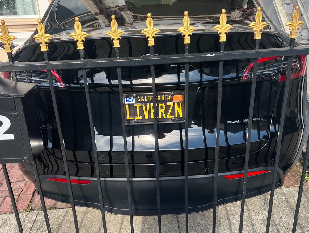 Image of the back of Tesla with a license plate that reads “LIVERZN”