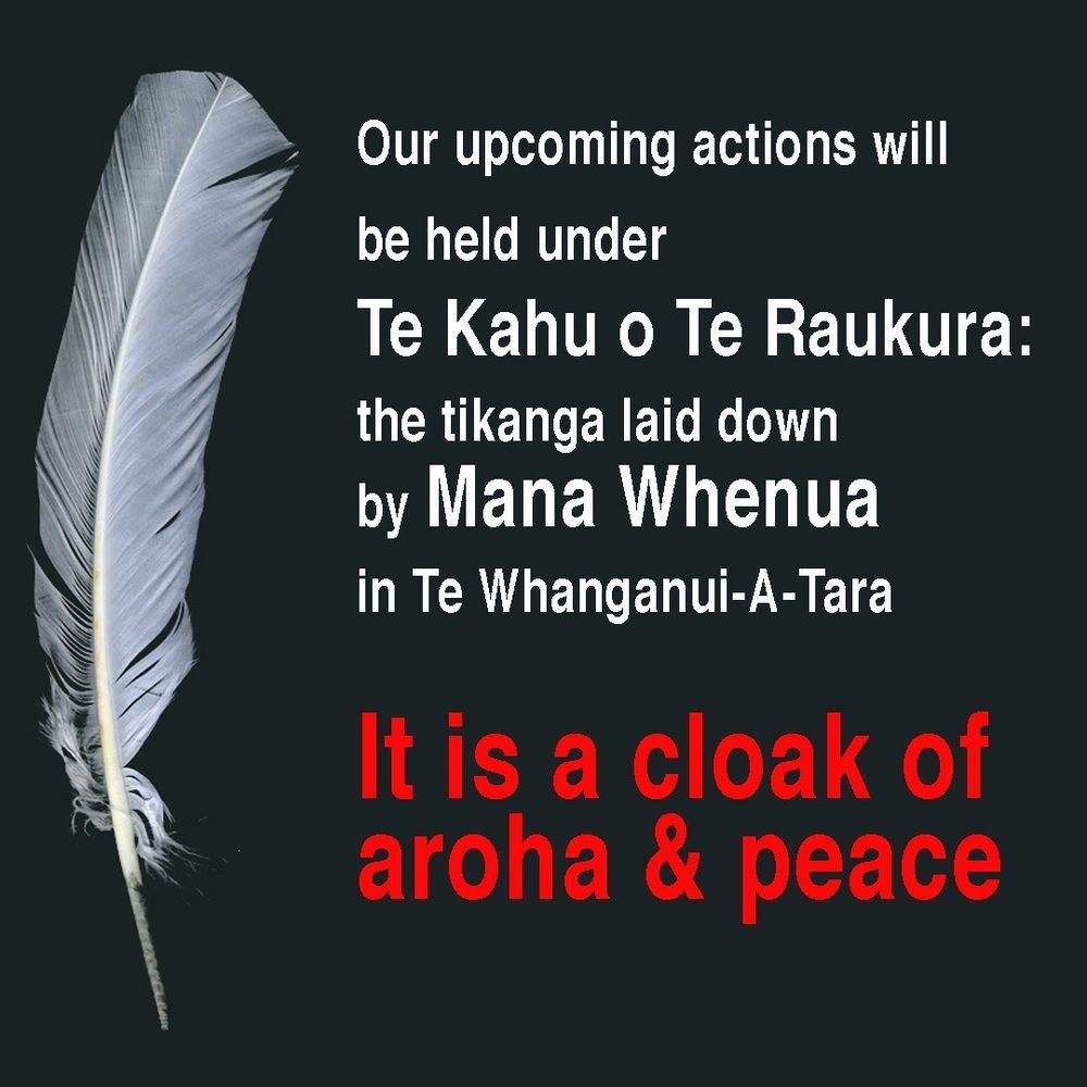 A white feather and the text "Our upcoming actions will be held under Te Kahu o Te Raukura:  the tikanga laid down by Mana Whenua in Te Whanganui-A-Tara. It is a cloak of aroha & peace."