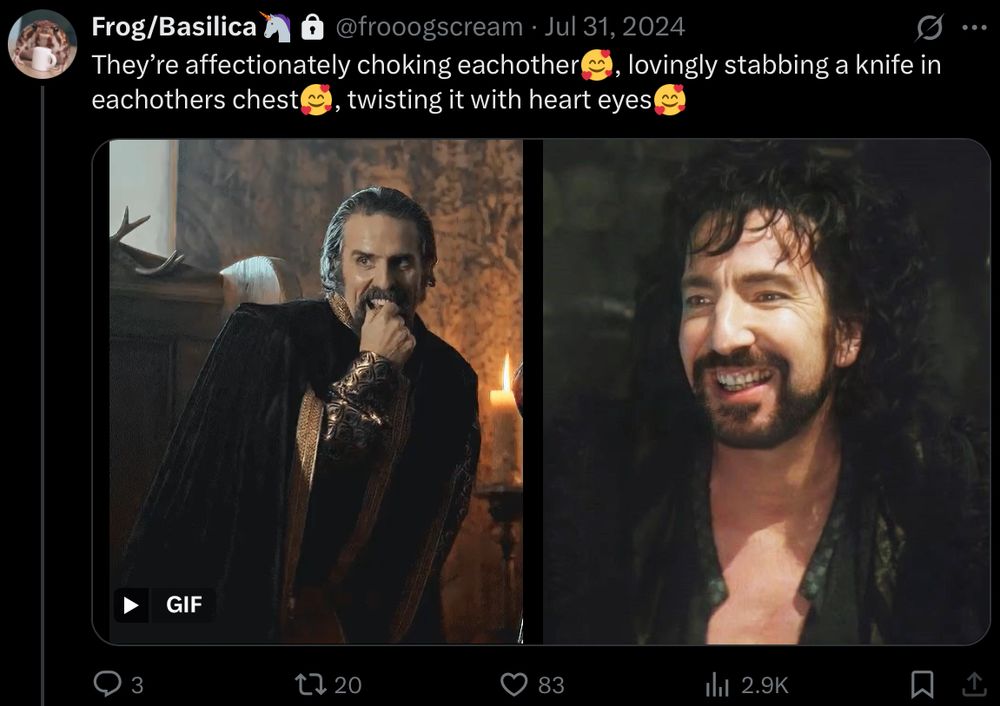 Twitter post by me, reading: “they’re affectionately choking each other🥰, lovingly stabbing a knife in each others chest🥰, twisting it with heart eyes🥰”
with pictures of Con O’Neill as the Sheriff of Nottingham in time bandits and Alan Rickman as the Sheriff of Nottingham in Robin Hood prince of thieves 
