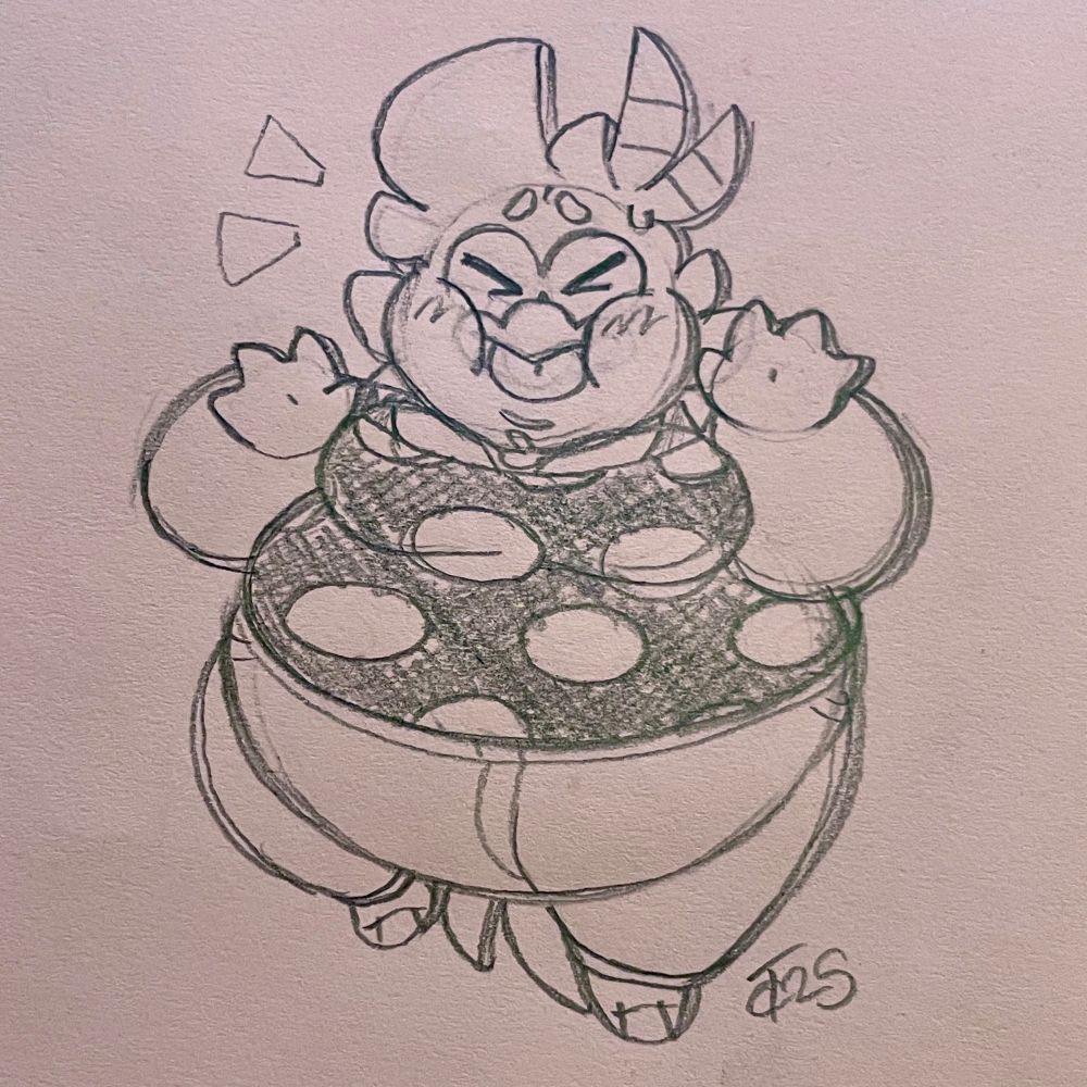 A sketch of a fat bird woman in a polka dot top and high waisted jeans flattened and stuck against the background in a silly manner. Her eyes are closed and her tongue is stuck out as she nervously blushes. Her arms are bent with her hands raised as though she was trying to stop whatever caused her flattening to occur.