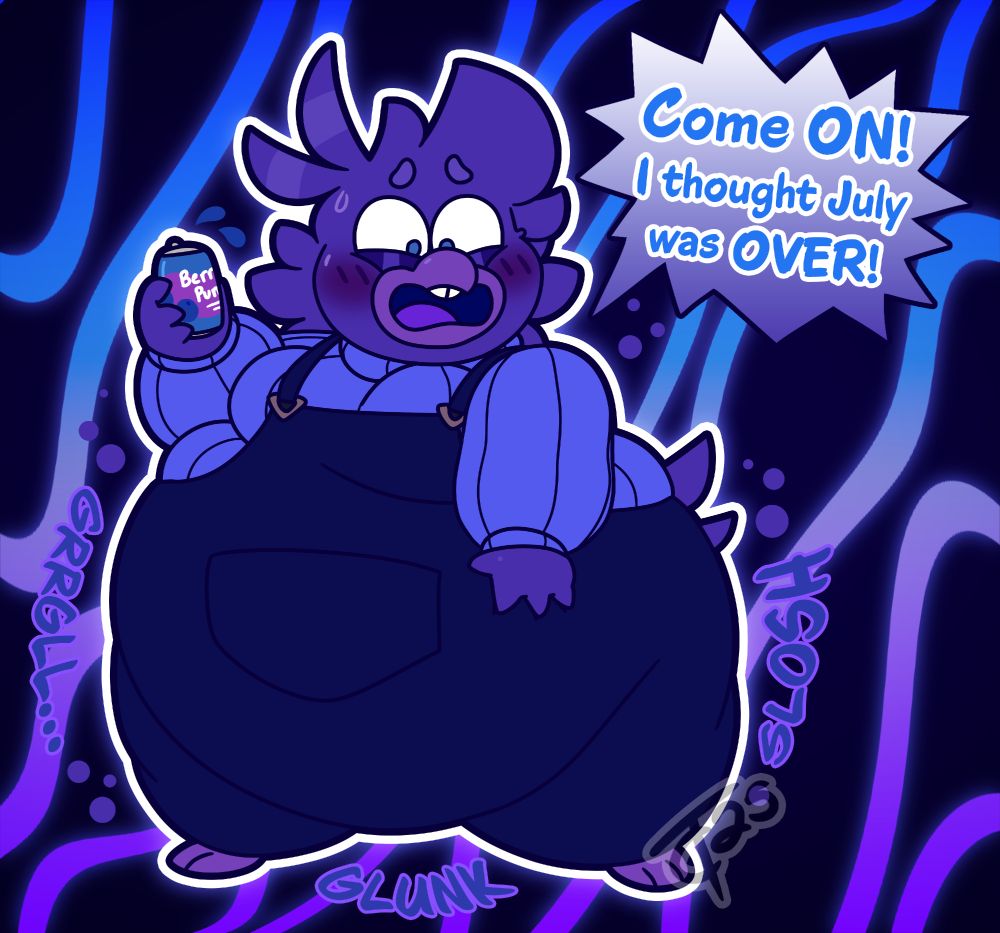 A digital art piece of an anthro bird character holding a soda can while in the process of inflating blueberry style. The soda can is blue and reads "Berry Punch" as the flavor. Her normally red feathers are stained a deep purple and her body is rounded out in her blue sweater and dark overalls. She looks downward at her sloshing body, flustered and panicked, and exclaims, “Come ON! I thought July was OVER!”