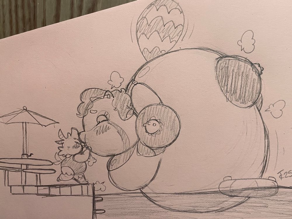 A sketch of an anthro red panda girl being inflated to comical proportions by way of a puff kiss from an anthro bird girl. Her head is expanded like the rest of her body and is wearing a nervous expression looking down at the bird, who is determinedly blowing air into her friend’s mouth. They are both wearing one-piece swimsuits and there is poolside scenery to the left of the scene.