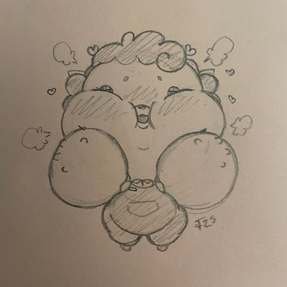 A sketch of a fat anthro deer character in overalls with her head and arms inflated to a comical degree. She blushes with a content expression barely discernible between her puffed out cheeks. Her hands have become a singly unit with her arms, leaving only small finger nubs visible. Hearts and air puffs surround her head.