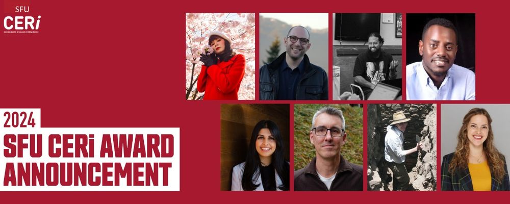 Text: 2024 SFU CERi Award Announcement

eight headshot photos of recipients for the SFU CERi Award competition are shown on a red background. The text is featured in two white boxes with red lettering. 