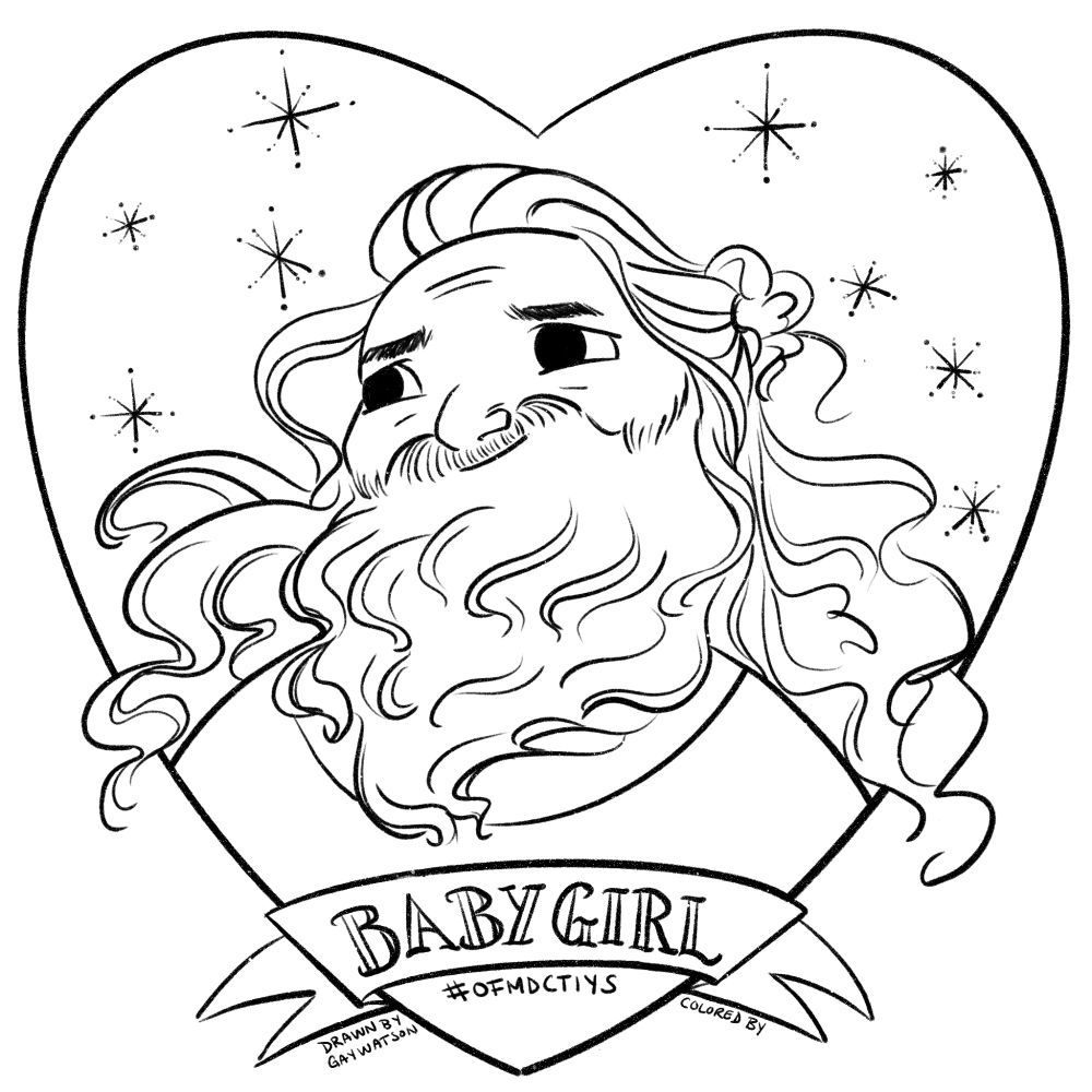 Black and white doodle of chibi Ed Teach, full beard and wild hair, framed by a heart and sparkles. Banner underneath reads BABYGIRL.