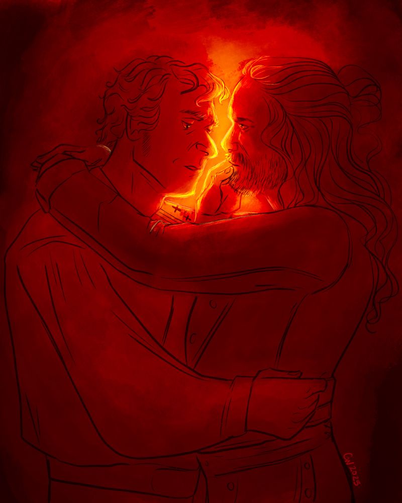 A sketched illustration for the leaked early draft of Ed and Stede’s First Time. Ed and Stede are slow dancing. Ed has both arms locked around Stede’s shoulders. Stede clutches Ed’s waist with his right hand while he reaches up to delicately trace Ed’s lips with his left. Stede is staring at Ed’s mouth while Ed is gazing heatedly back at him. They are so very close. Both of their faces are aglow with slivers of intense golden light, burning like embers. The light around their faces dissipates into shades of deep burgundy and black for the rest of the image. 