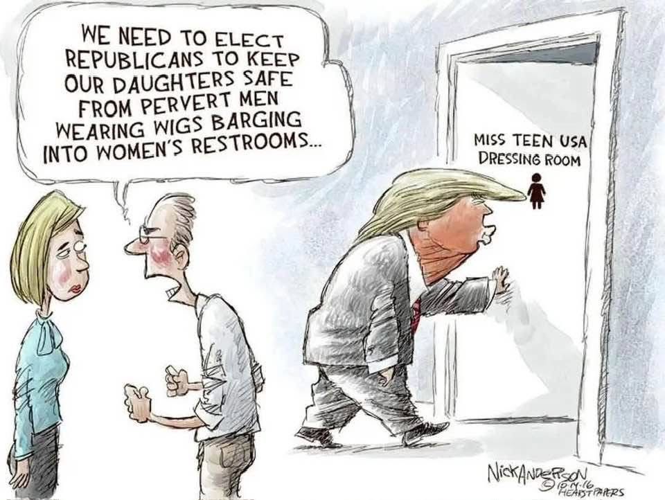 WE NEED TO ELECT
REPUBLICANS TO KEEP
OUR DAUGHTERS SAFE
FROM PERVERT MEN WEARING WIGS BARGING
INTO WOMEN'S RESTROOMS...
 MISS TEEN USA
 DRESSING ROOM
 