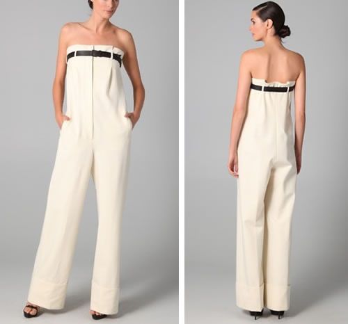 Front and back photos of a white female fashion model wearing white pants and a black belt. The pants are so high-waisted, however, that the belt is circling the model’s bosom. Because she’s standing still, this fact doesn’t interfere with her vacant-casual gaze. Walking in these pants would not feel so casual. 