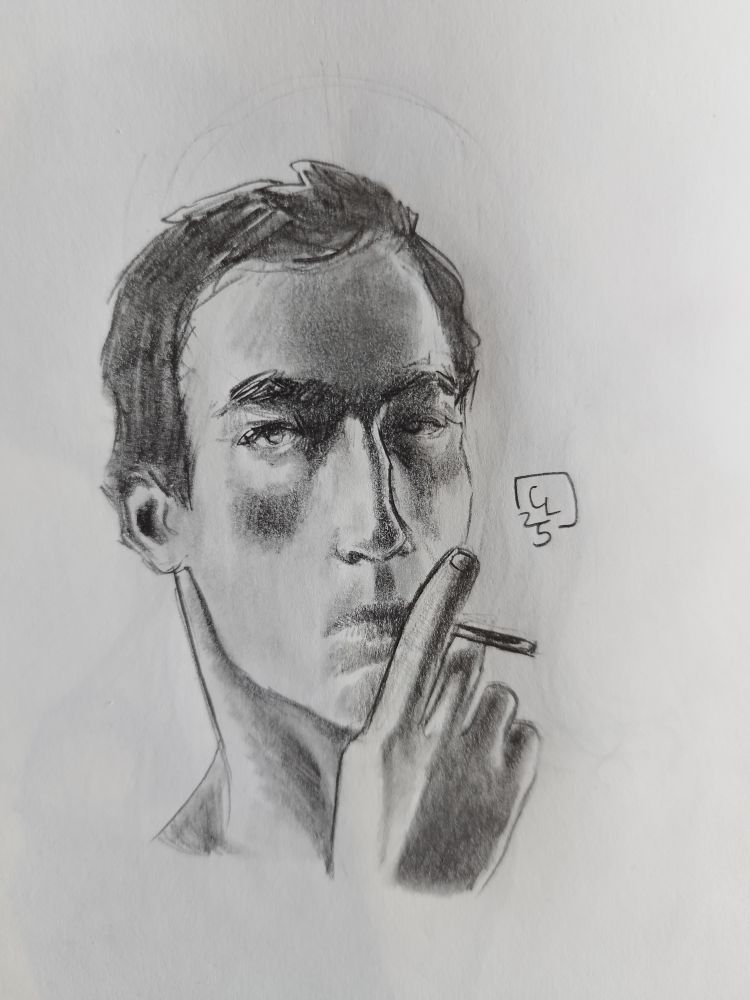 Portrait d'un homme, au crayon, en noir et blanc. L'homme est de face et tient une cigarette près de sa bouche. 