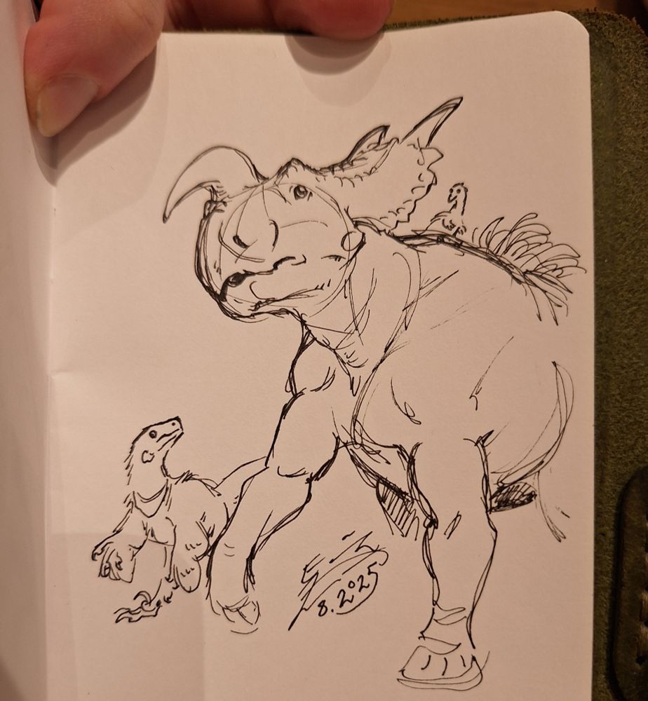 A marker doodle featuring an Einiosaurus, a Dromaeosaurus walking next to it, and a tiny, fuzzy theropod of some sort sticking out behind the Einiosaurus' head frill, riding on its back.