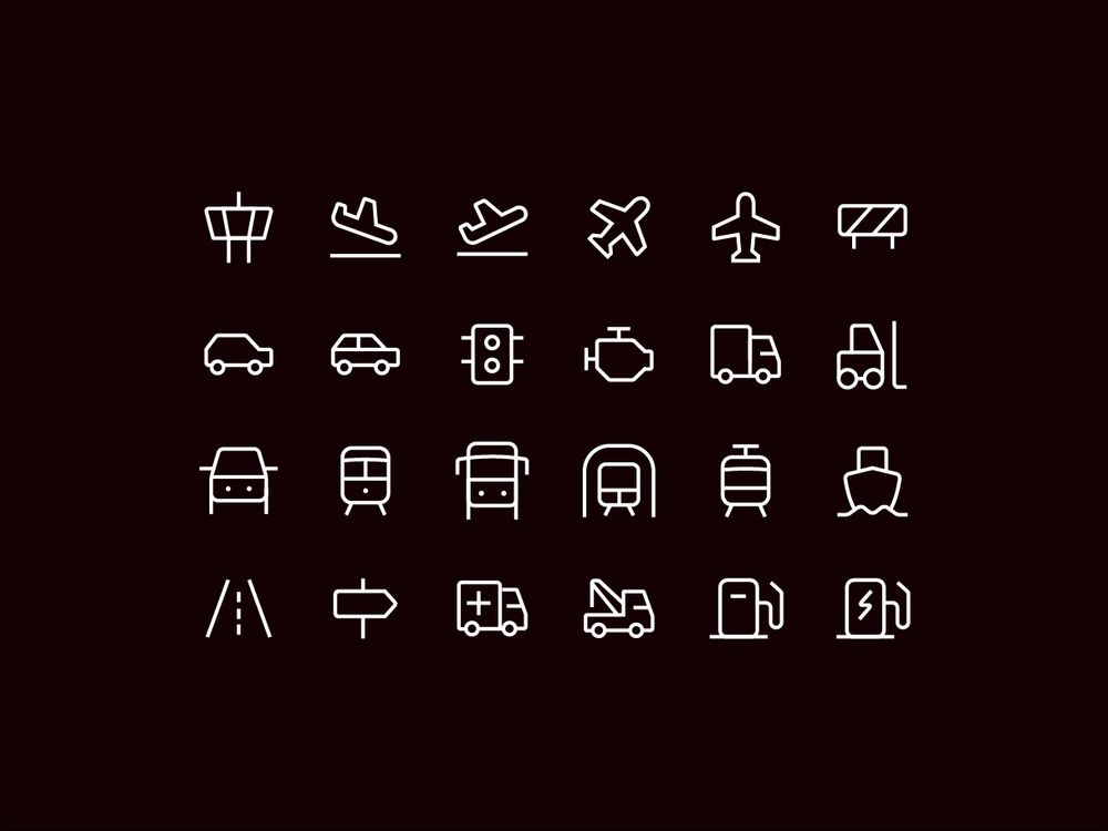 transportation icons in a grid, white outline with black background 