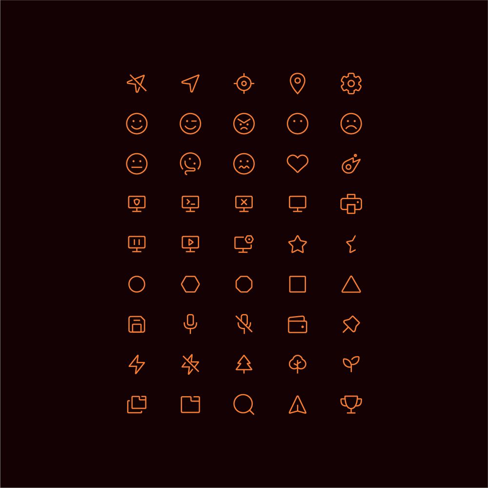 Orange tinted icons in a grid on dark background.