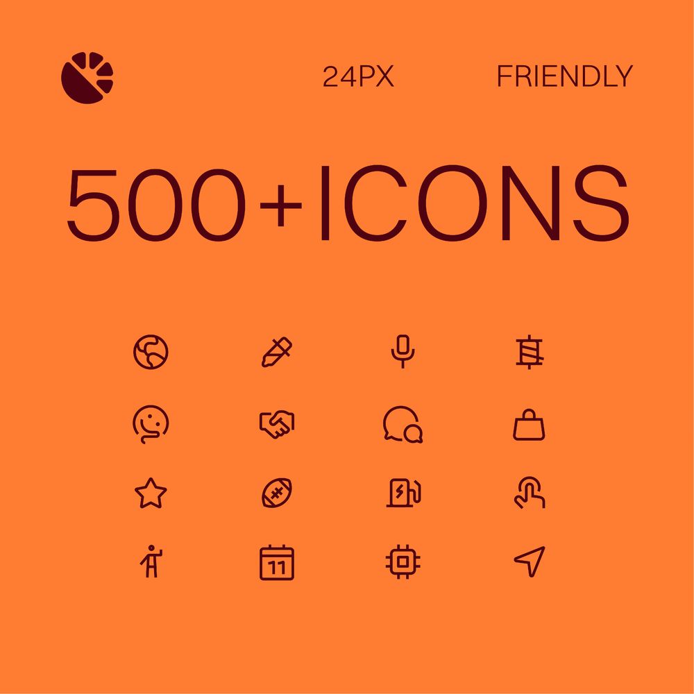 Text that says 500+ icons, 2-px, friendly. Several icons are laid out in a grid to show the icon set.
