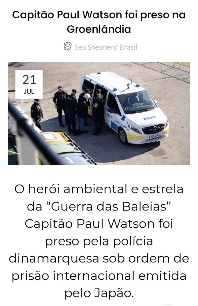 O Capitão Paul Watson foi preso a bordo de seu navio de 72 metros, o John Paul DeJoria, quando parou na Groenlândia com 25 tripulantes voluntários para reabastecer. O capitão estava a caminho do Pacífico Norte, como parte da Operação Kangei Maru, da CPWF, uma missão para interceptar o navio baleeiro japonês Kangei Maru.
