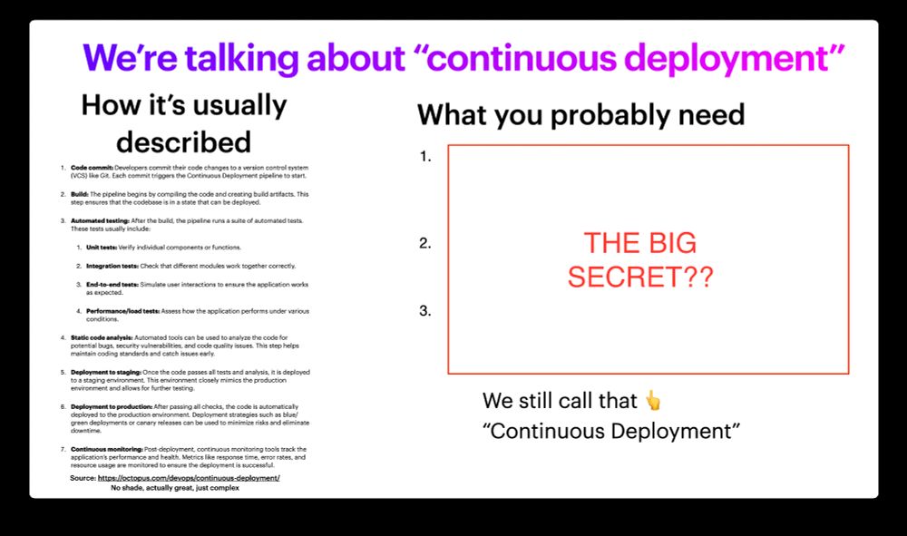 A slide from my upcoming presentation describing how Continuous Deployment is usually described, vs. the parts that you'll probably need for your site. Those are the parts I'll be discussing!