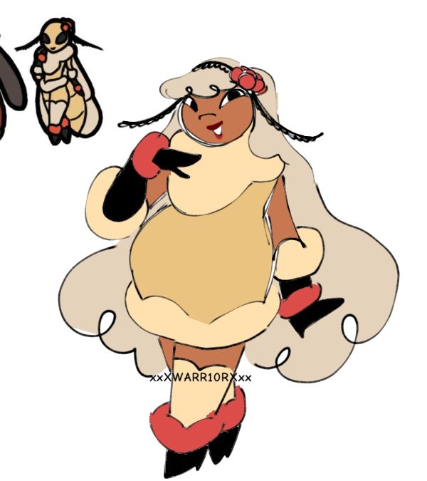 Illustration of Mothiva designed as a human. She has brown skin, curly dirty blonde hair, wears a hair band made from black lace and her iconic pink pom poms. She wears a mustard yellow dress that has a muted yellow faux fur that surrounds her neck and the bottom of her dress that ends right above her knees.
She wears a pair of muted yellow socks, blacks boots with pink faux fur