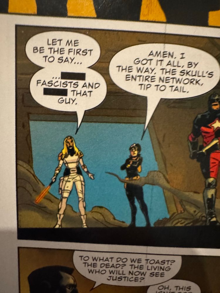 Comic book panel featuring Sharon Carter aka the destroyer saying “let me be the first to say [censored] fascists and [censored] that guy.”