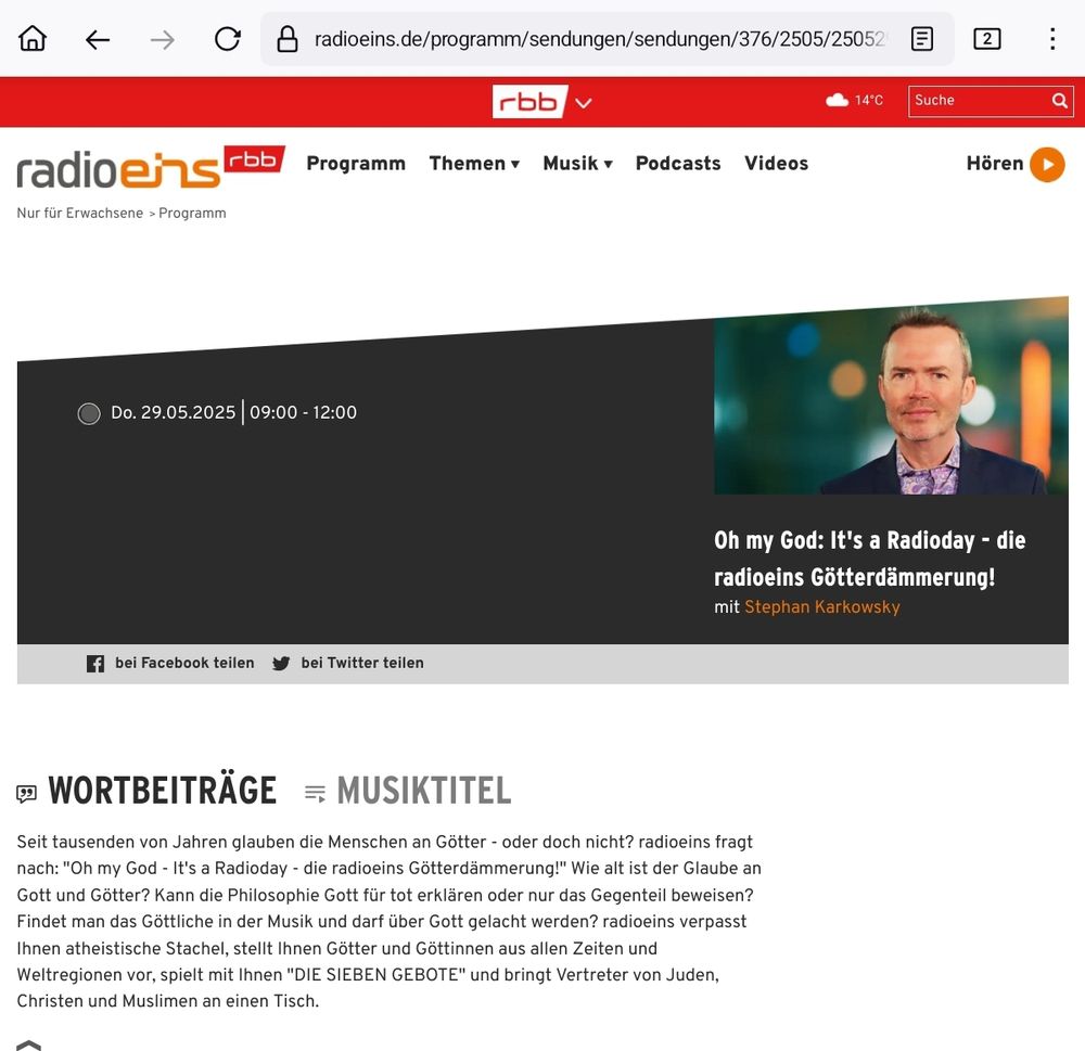 aktueller Screenshot von www.radioeins.de mit der Beschreibung des Thementages "Oh my God: It's Radioaktivität- die radioeins Götterdämmerung!"
