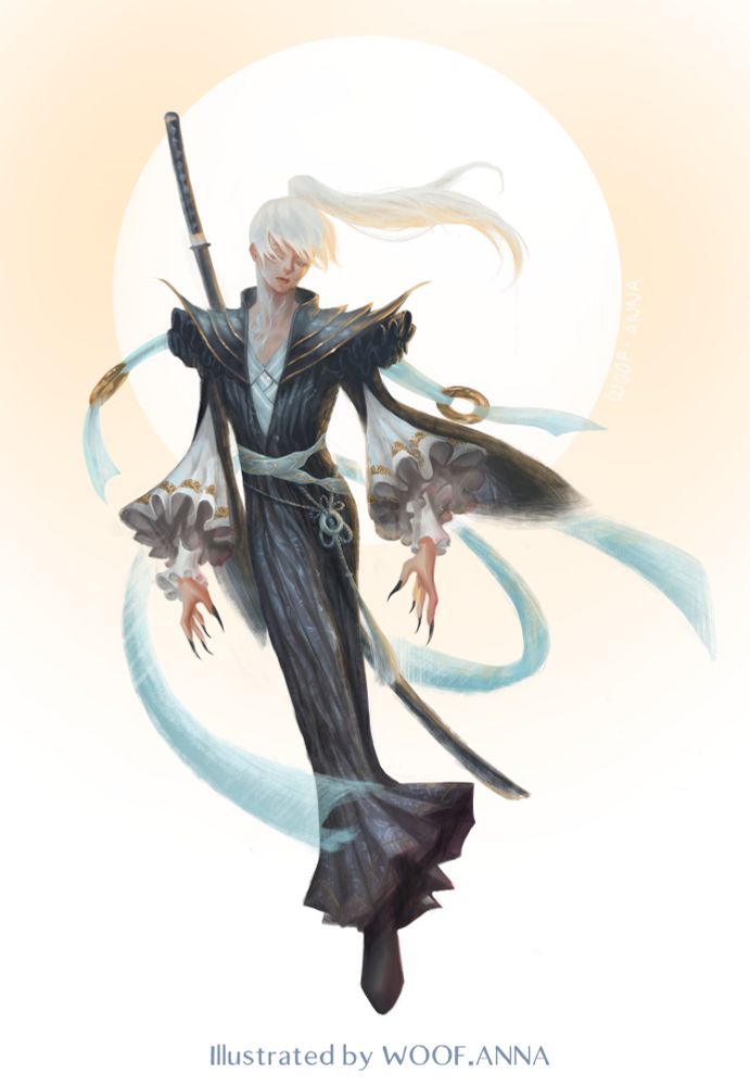 An elegant swordsman. White hair with warm light shining behind him, framing his contour. with intricate embroidery clothing and long swords on their back.
