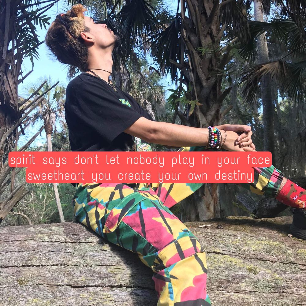 picture of robyn looking to the side in a florida swamp, text says “spirit says don’t let nobody play in your face sweetheart you create your own destiny” in white font with a red background, robyn is wearing a black shirt and colorful pants 