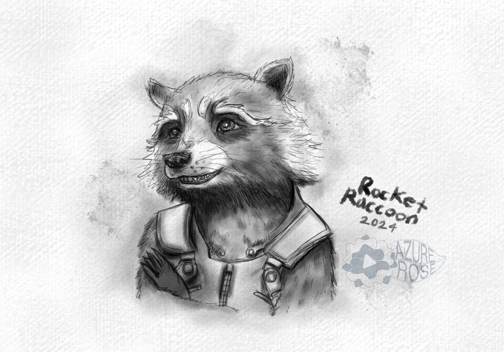 Drawing by me of a portrait of Rocket Raccoon from Guardians of the Galaxy. The color theme is black and white.