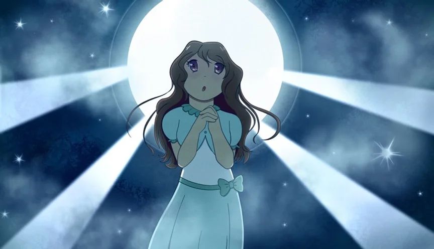 Drawing of a girl with long brown hair, hands clasped, eyes looking upwards. She is dressed in a blue skirt, white top, and a blue cropped sweater. The full moon is glowing brightly behind her.