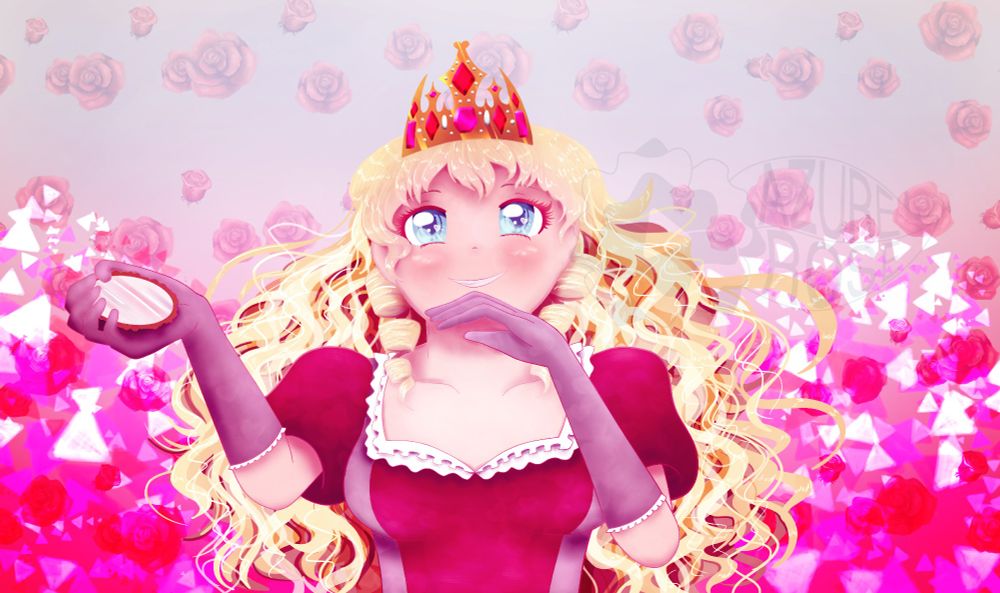 Original anime-style drawing of a queen who is a young woman with long blond curly hair and blue eyes. She is wearing a red dress with puffed short-sleeves and the neckline is trimmed in white lace. Her left hand is held near her chin and the right holds a small round mirror. She has on long pink gloves and is wearing a red and gold crown upon her head. The background has roses and abstract shapes of varying shades of pink and white.