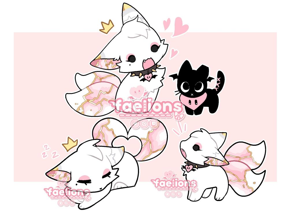 3 Chibis of a marbled fox creature, sleeping and yapping!