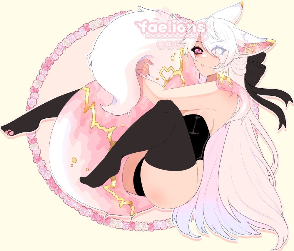 Marbled fox OC in a cute pose curled up with her tail