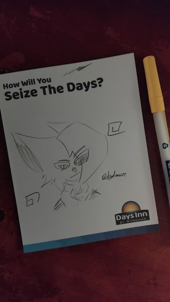 Moxie, the eldritch vessel, drawn in a small DaysInn note.