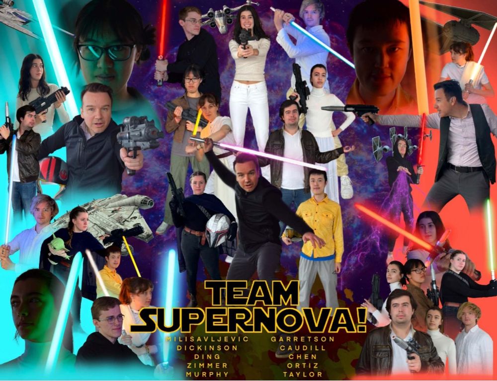 Photo of research group led by Dan Milisavljevic at Purdue University. Layout resembles a Star Wars poster. Milisavljevic and students are in various action poses with lightsabers and blasters. 