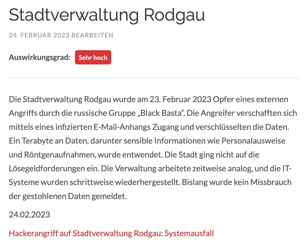 Screenshot eines beispielhaften Beitrags über einen kommunalen IT-Sicherheitsvorfall auf Kommunaler-Notbetrieb.de mit der neu eingeführten Bewertung des Auswirkungsgrads.
Der Auswirkungsgrad ist durch ein auffälliges rotes Rechteck mit weißer Schrift dargestellt. In dem Rechteck steht der Text „Sehr hoch“, was visuell stark hervorgehoben wird und sofort ins Auge fällt. Diese Darstellung signalisiert eine kritische oder gravierende Lage und unterstreicht die Schwere des Vorfalls. Das Rechteck befindet sich direkt unter dem Titel und dem Bearbeitungsdatum, also im oberen Bereich des Beitrags.