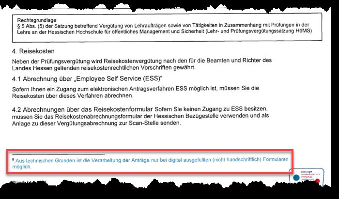 Screenshot eines Ausschnitts des Antragsformulars "Vergütung für die Betreuung und Begutachtung einer Thesis", das man auf PAPIER erhält und mit der Fußnote versehen ist:
"Aus technischen Gründen ist die Verarbeitung der Anträge nur bei digital ausgefüllten (nicht handschriftlich) Formularen möglich." 