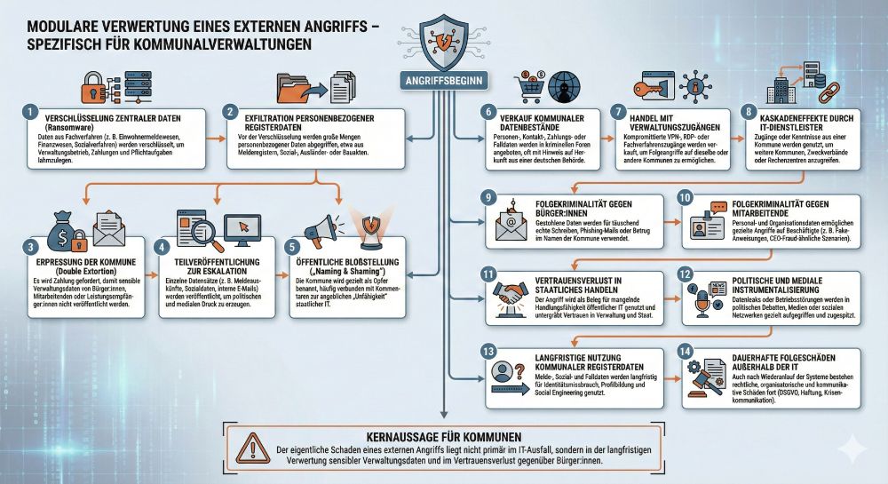 Infografik: "Modulare Verwertung eines externen Angriffs – spezifisch für Kommunalverwaltungen". Ein Diagramm visualisiert 14 Folgen eines Cyberangriffs.

Nach Verschlüsselung (1) und Exfiltration von Registerdaten (2) folgen Erpressung (3), Datenleaks (4) und öffentliche Bloßstellung (5). Parallel werden Datenbestände (6) und Zugänge (7) gehandelt, was Kaskadeneffekte über Dienstleister auslöst (8). Die Daten ermöglichen Straftaten gegen Bürger:innen (9) und Personal (10). Dies führt zu Vertrauensverlust (11) und medialer Instrumentalisierung (12). Langfristig werden Daten für Identitätsmissbrauch genutzt (13), und es bleiben dauerhafte organisatorische Schäden (14).

Kernaussage: Der eigentliche Schaden liegt nicht primär im IT-Ausfall, sondern in der langfristigen Verwertung sensibler Verwaltungsdaten und im Vertrauensverlust.