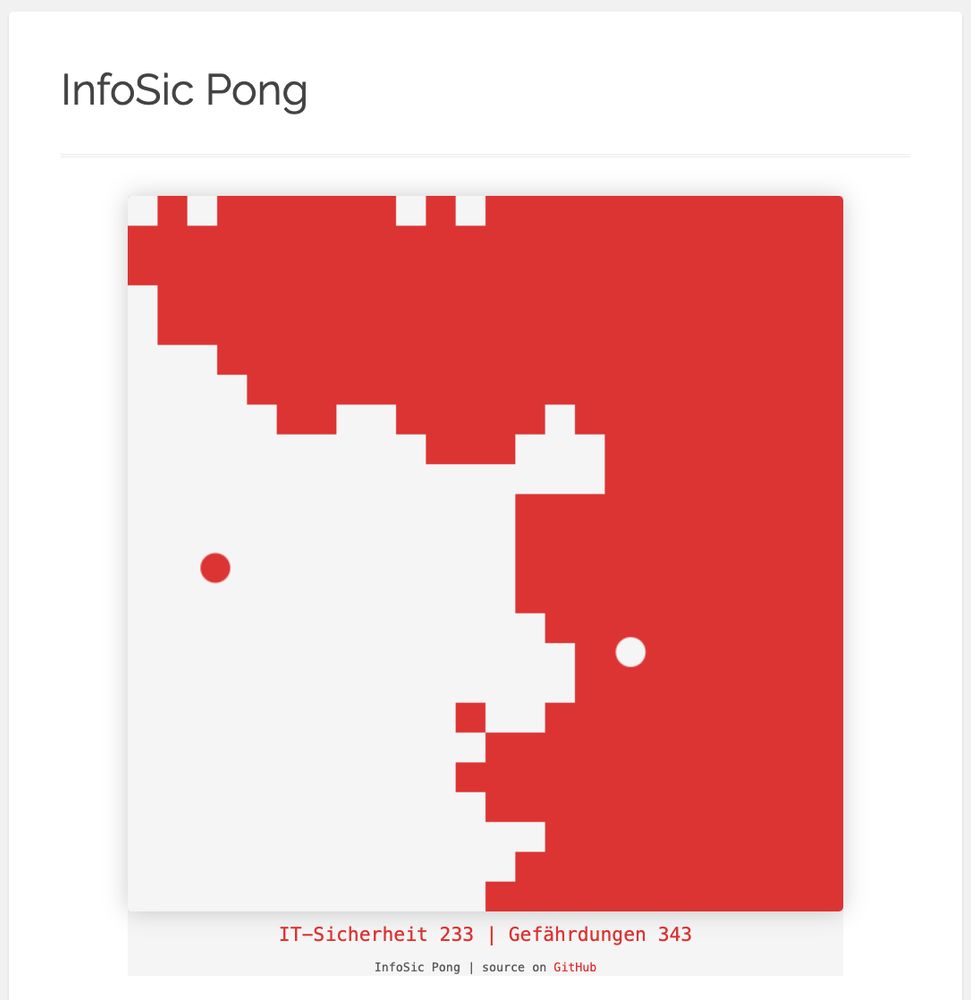 Screenshot eines Browserfensters mit dem eingebetteten Spiel „InfoSic Pong“. Das Spielfeld zeigt eine rechteckige Fläche mit zwei Farben: links hellgrau („IT-Sicherheit“), rechts rot („Gefährdungen“). Zwei farblich kontrastierende Spielbälle bewegen sich über das Feld. Darunter steht der Punktestand: „IT-Sicherheit 233 | Gefährdungen 343“. Das Spiel ist eingebettet auf der Webseite „Kommunaler-Notbetrieb.de/infosic-pong“.